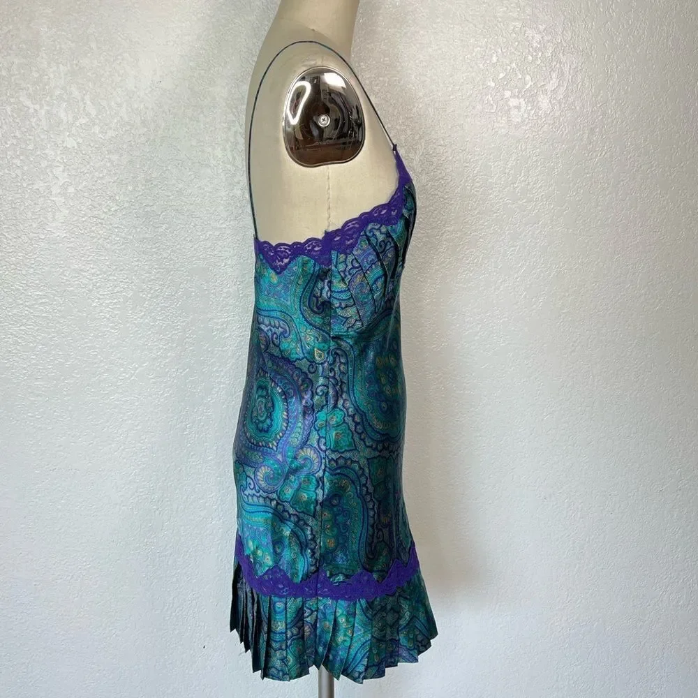Vintage gold label VS Victorias Secret teal paisley lace Y2K mini slip dress S